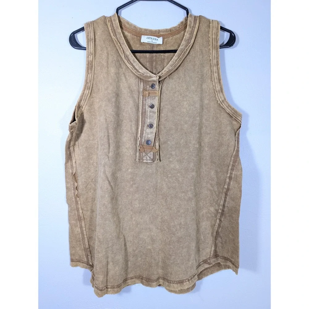 ZENANA Color Washed Henley‎ Tank top Tunic Raw Edge Exposed Seam Mocha Large